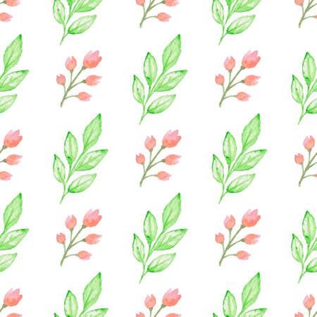 Summer floral watercolor seamless pattern with green branch and red flowers on a white backgroundの写真素材