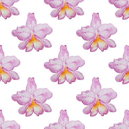 Tropical watercolor seamless pattern with pink orchids on a white backgroundの写真素材