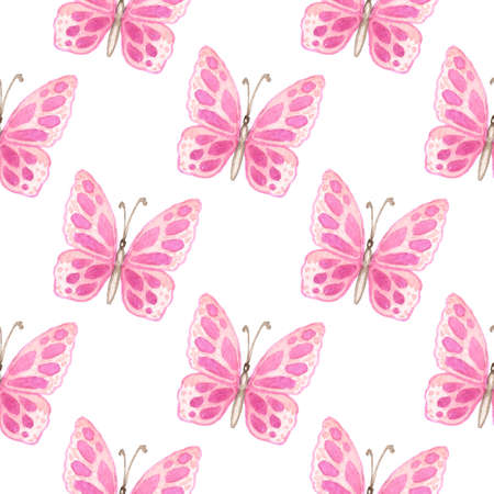 Hand drawn watercolor seamless pattern with pink butterflies on a white backgroundの写真素材