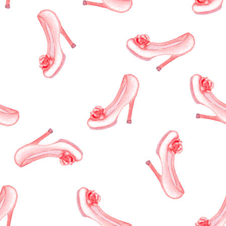 Hand drawn watercolor seamless pattern with pink shoes on a white backgroundの写真素材