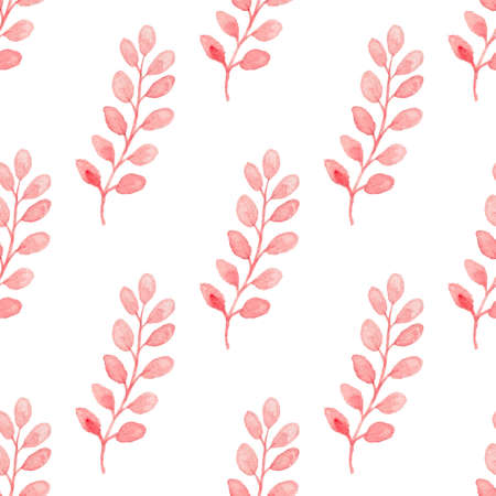 Hand drawn watercolor seamless pattern with pink branch on a white backgroundの写真素材