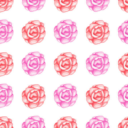 Hand drawn watercolor seamless pattern with red roses on a white backgroundの写真素材