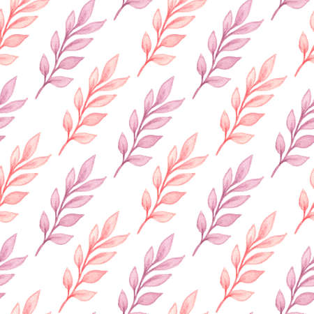 Hand drawn floral watercolor seamless pattern with pink branch on a white backgroundの写真素材