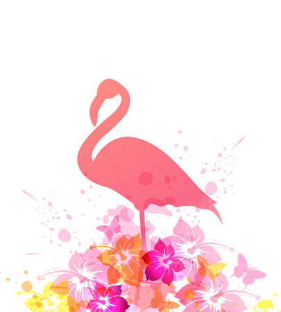 Abstract vector summer background with pink flamingo and tropical flowers.のイラスト素材