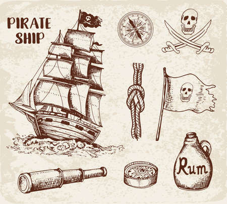 Set of vector vintage hand drawn pirates design elements.のイラスト素材