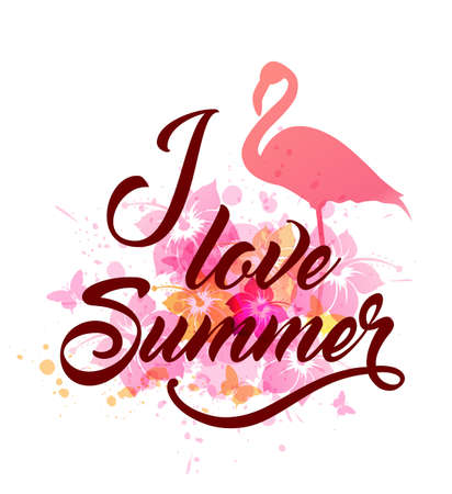 Abstract vector summer background with pink flamingo and tropical flowers. I love summer lettering.のイラスト素材