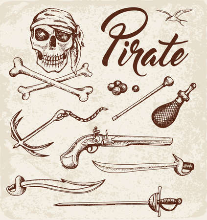 Set of vector vintage hand drawn weapons of pirates. Pirate design elements.のイラスト素材