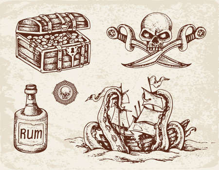 Set of vector hand drawn pirates design elements. Vintage style.のイラスト素材