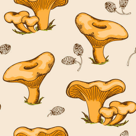 Vintage hand drawn vector seamless pattern with forest mushroomsのイラスト素材