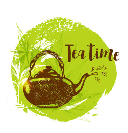 Teapot and bamboo branch on a green background in vintage style. Lettering "Tea time"のイラスト素材
