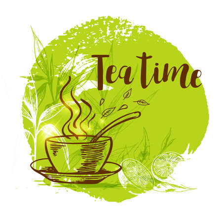 Cup of tea and bamboo branch on a green background in vintage style. Lettering "Tea time"のイラスト素材