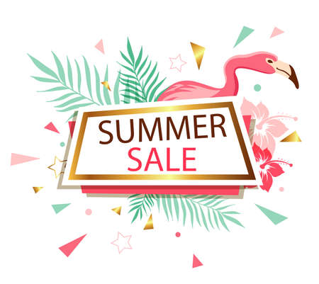 Abstract vector banner for seasonal summer sale with tropical flowers and pink flamingo on a white backgroundのイラスト素材