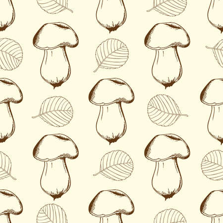 Vintage hand drawn seamless pattern with mushrooms and falling leavesのイラスト素材