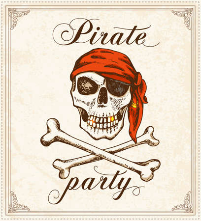 Vintage background with hand drawn skull for pirate partyのイラスト素材