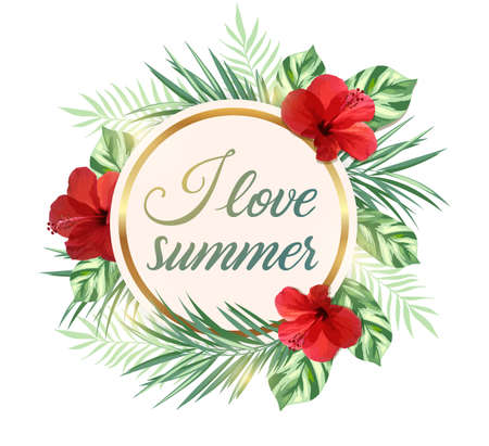 Summer tropical background with green palm leaves and red flowers. I love summer lettering.のイラスト素材