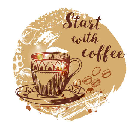 Cup of coffee and coffee beans. Hand drawn vector background in vintage style. Lettering "Start with coffee"のイラスト素材