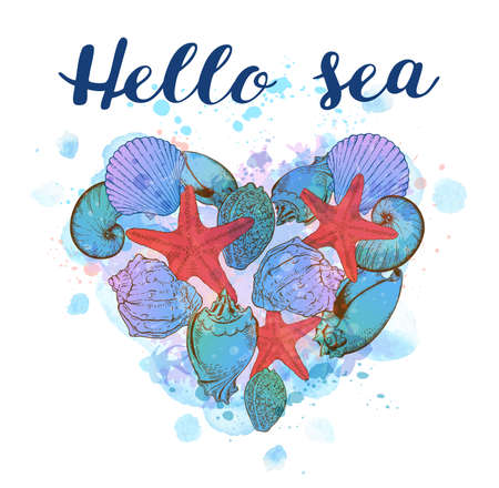 Marine background with heart of sea shells and blue watercolor texture. Hello sea lettering.のイラスト素材