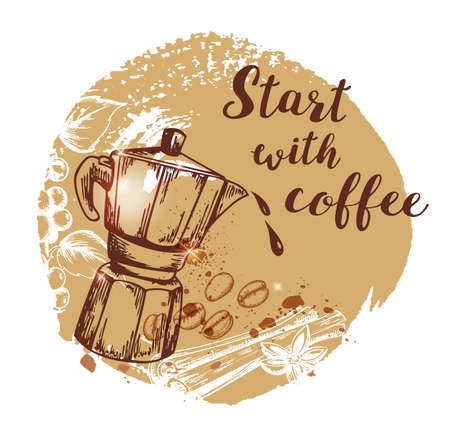 Coffee pot and coffee beans. Hand drawn vector background in vintage style. Lettering "Start with coffee"のイラスト素材