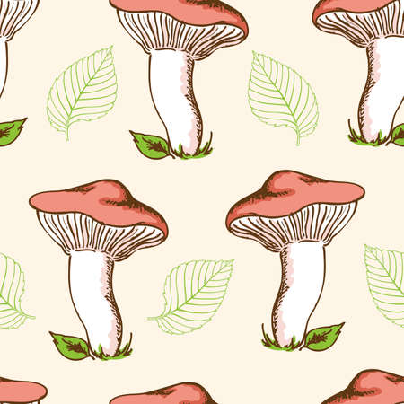 Vintage hand drawn seamless pattern with forest mushrooms and falling leavesのイラスト素材