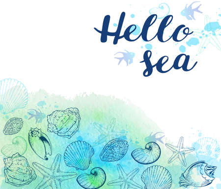 Marine background with hand drawn sea shells and blue watercolor texture. Hello sea lettering.のイラスト素材