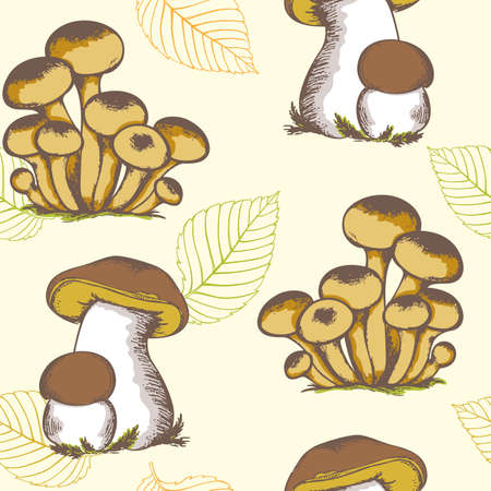 Vintage hand drawn seamless pattern with forest mushrooms and falling leavesのイラスト素材