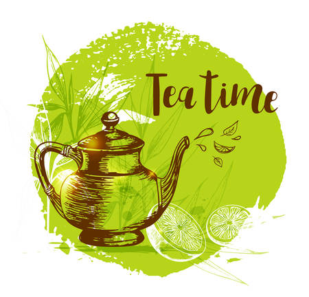 Teapot, lemon and bamboo branch on a green background in vintage style. Lettering "Tea time"のイラスト素材