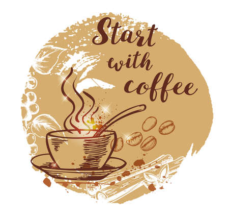 Cup of coffee and coffee beans. Hand drawn vector in vintage style. Lettering "Start with coffee"のイラスト素材
