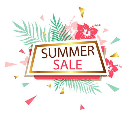 Abstract vector banner for seasonal summer sale with tropical flowers and green branch on a white backgroundのイラスト素材