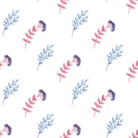 Floral watercolor seamless pattern with blue branch and flowers on a white backgroundの写真素材