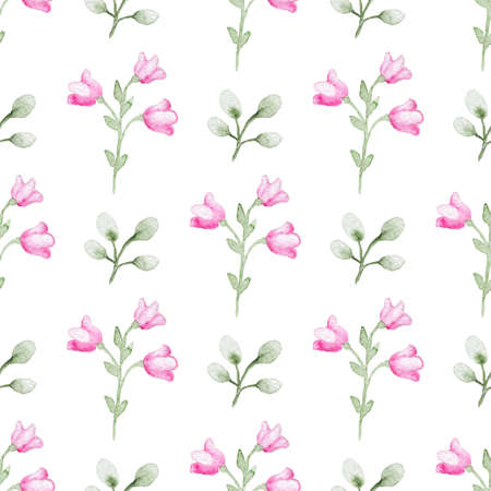 Floral watercolor seamless pattern with green branch and pink flowers on a white backgroundの写真素材