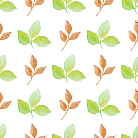 Floral watercolor seamless pattern with green and orange leaves on a white backgroundの写真素材