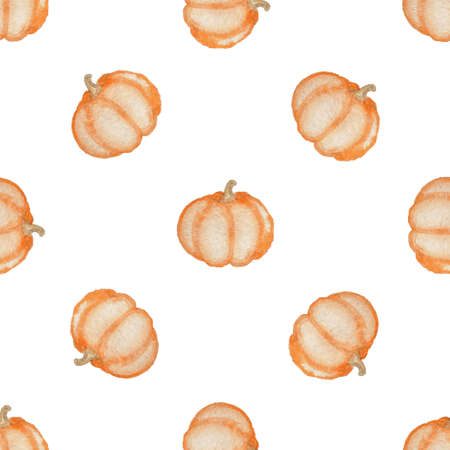 Watercolor seamless pattern with orange ripe pumpkin on a white backgroundの写真素材