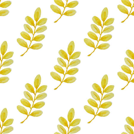 Floral watercolor seamless pattern with yellow branch on a white backgroundの写真素材