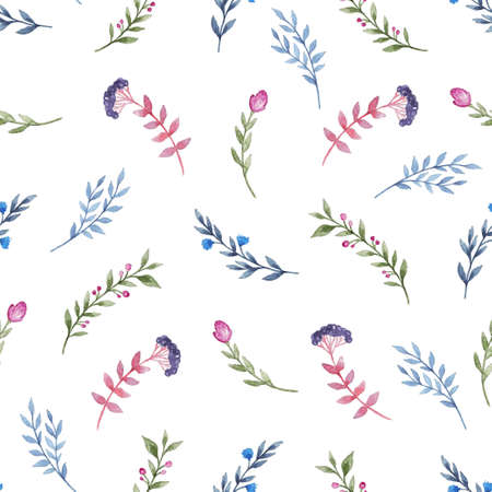 Floral watercolor seamless pattern with green branch and flowers on a white backgroundの写真素材