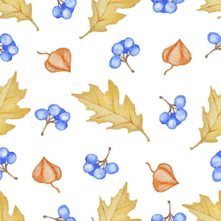 Floral watercolor seamless pattern with yellow oak leaves and blue berries on a white backgroundの写真素材