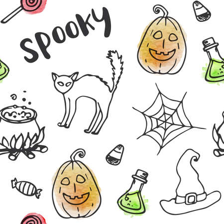 Halloween doodle vector seamless pattern. Hand drawn illustration with watercolor texture.のイラスト素材