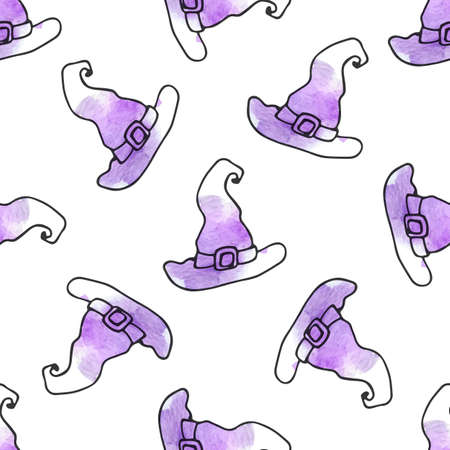 Halloween doodle vector seamless pattern with witch hat. Hand drawn illustration with watercolor texture.のイラスト素材