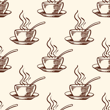 Vintage vector seamless pattern with coffee cupのイラスト素材