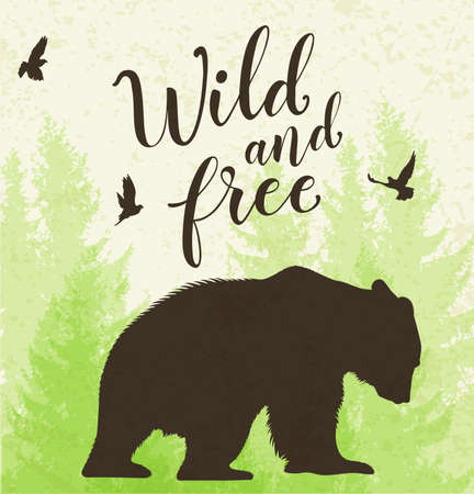 Green nature landscape with bear, tree and birds. Wild and free lettering.のイラスト素材
