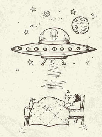 Fantastic doodle background with UFO abducts a sleeping man. Vector illustration.のイラスト素材