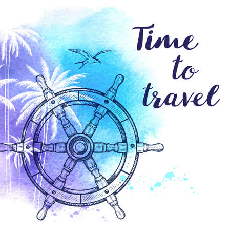Vintage vector travel background with handwheel and blue watercolor texture. Time to travel letteringのイラスト素材