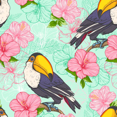Tropical seamless pattern with toucan and flowers on a green background. Hand drawn vector illustration.のイラスト素材