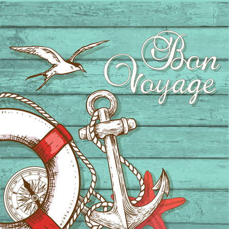 Vintage vector travel background with lifebuoy and anchor on a green wooden surface. Bon voyage lettering.のイラスト素材