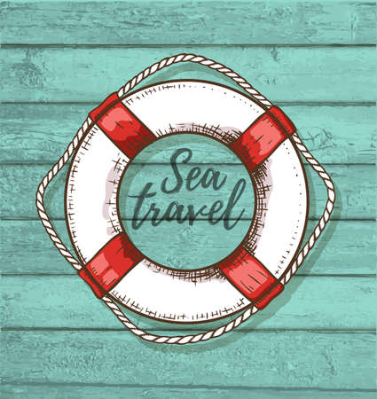 Vintage vector travel background with lifebuoy on a green wooden surface.のイラスト素材