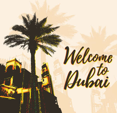 Retro poster with buildings and palm in Dubai city, United Arab Emirates. Vector illustration.のイラスト素材