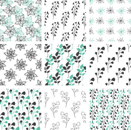 Set of hand drawn abstract floral seamless patterns with flowers and leavesのイラスト素材