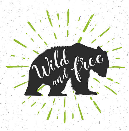 Silhouette of a wild bear and calligraphy. Wild and free lettering.のイラスト素材