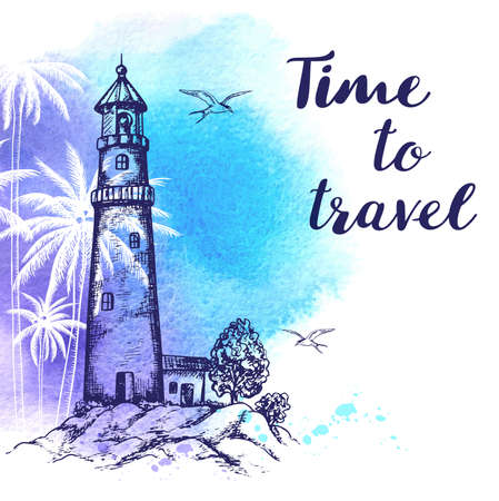 Vintage vector travel background with lighthouse and blue watercolor texture. Time to travel letteringのイラスト素材
