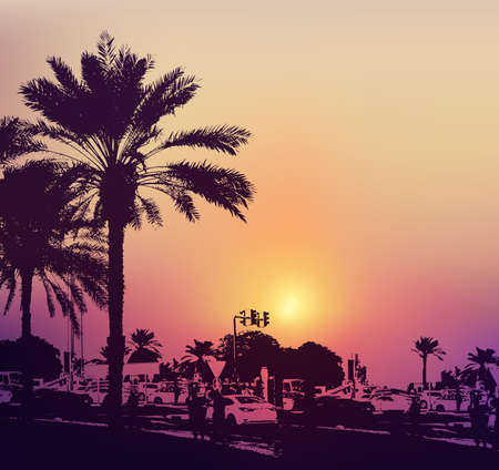 Background with buildings and palms in Dubai city, United Arab Emirates. Travel concept.のイラスト素材