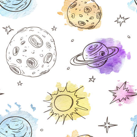 Vector hand drawn seamless pattern with planets and stars on a white backgroundのイラスト素材